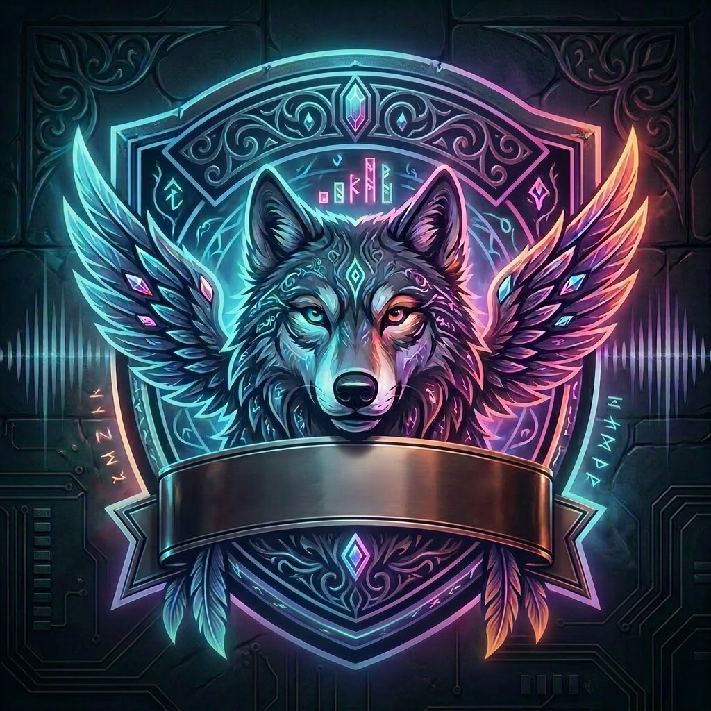 Logo with a wolf head with wings and text Animal Warrior Radio