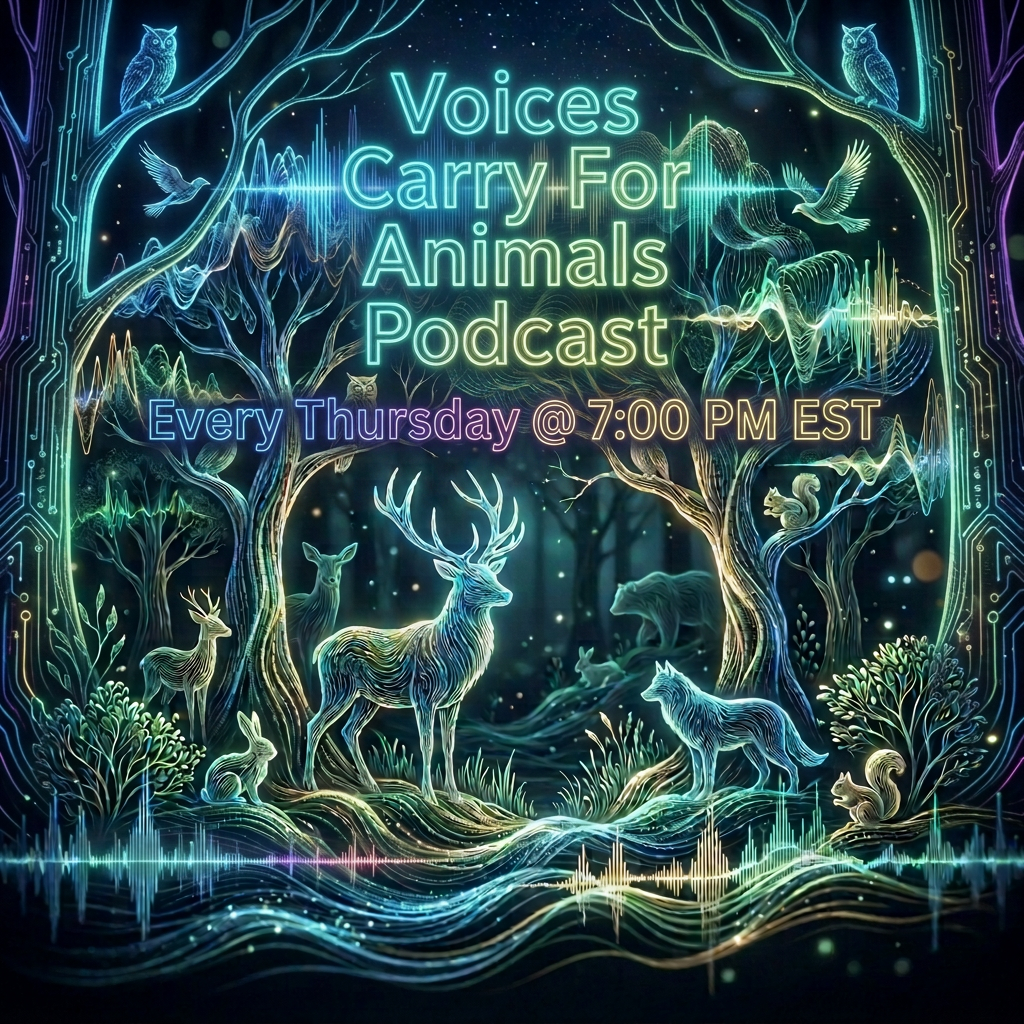 Glowing digital forest scene with sound wave patterns featuring deer, owls, birds, squirrels, and a wolf
