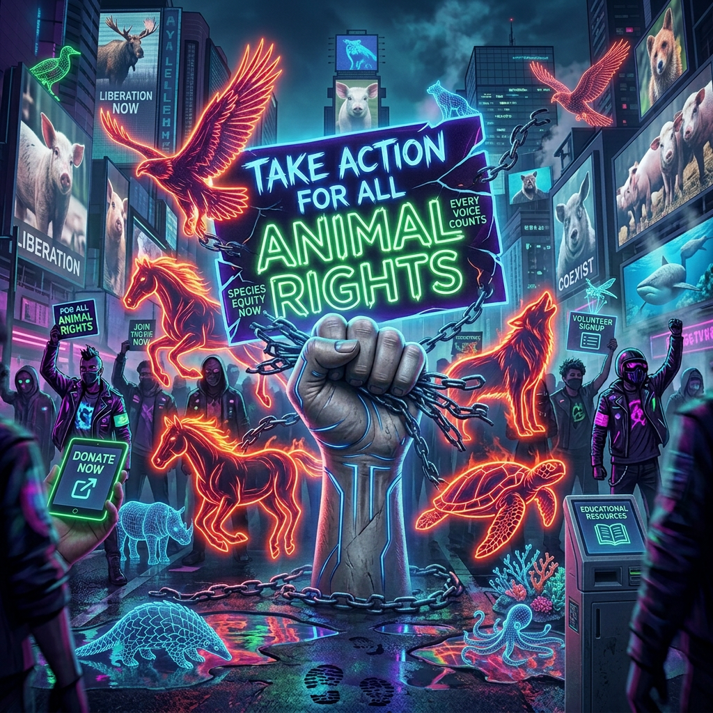 Neon protest artwork reading “TAKE ACTION FOR ALL ANIMAL RIGHTS,” with raised fist and animal outlines